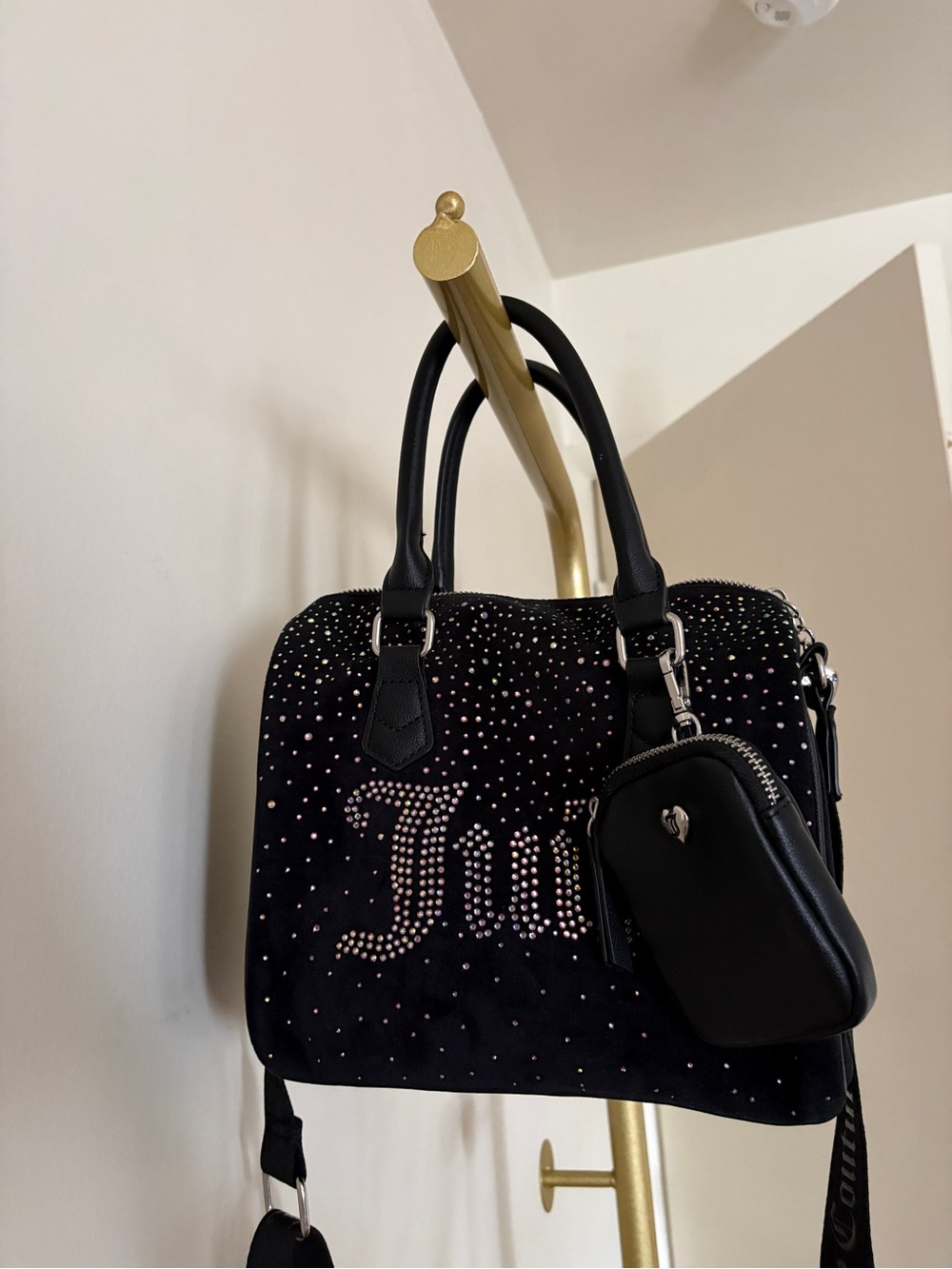 Juicy Couture Black Satchel with Crystal Logo and Detachable Pouch